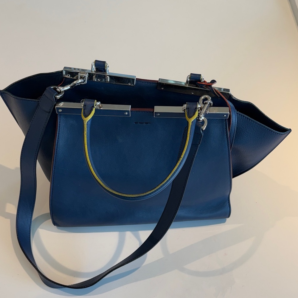 Fendi 3 Jours 12 x 8 Navy Blue Tote with Red  and Yellow Accents